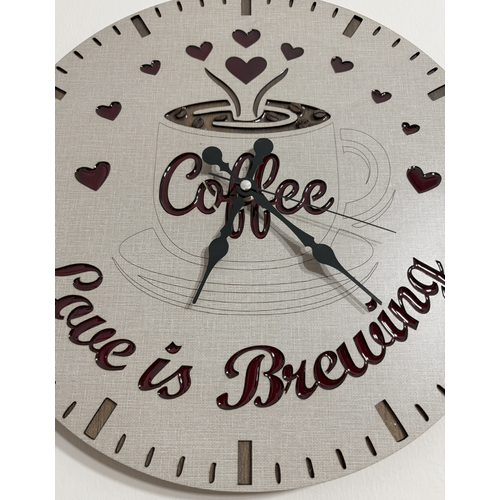 Ahap Desen Duvar Saati - Coffee, Love is Brewing - Epoksi Reine Kaplamal - 40 cm