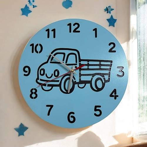 PELNCE KIDS - Kamyonet Temal Ahap ocuk Duvar Saati - 30 cm