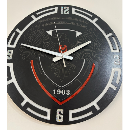 Ahap zeri Epoksi Reine Kaplamal - Taraftar Duvar Saati - Beikta Kara Kartal Siyah Tasarm - 40 cm