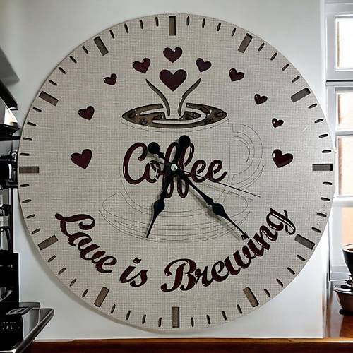 Ahap Desen Duvar Saati - Coffee, Love is Brewing - Epoksi Reine Kaplamal - 40 cm