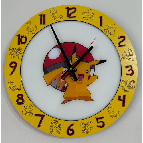 Pikachu Duvar Saati - Ahap Lazer Kesim Epoksi Tasarm - 40 cm - Pelince Kids