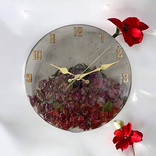 PELNCE - Gerek Begonya iei Temal Epoksi Duvar Saati - 30 cm - Ak Siyah Renk Seri 3