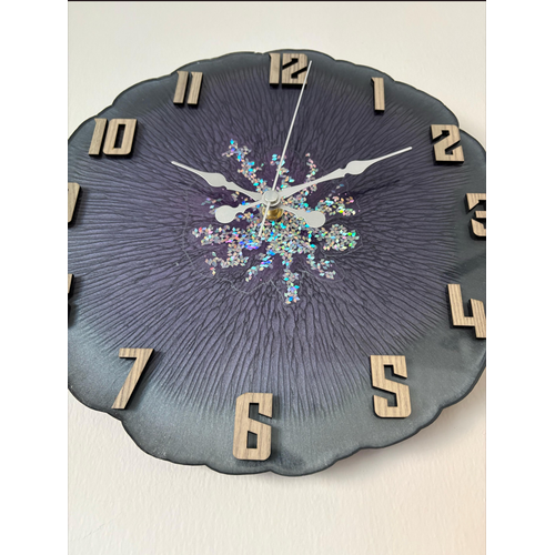 Epoksi Reine Duvar Saati - Koyu Mor ve Parlak Glitterli- ap:30 cm