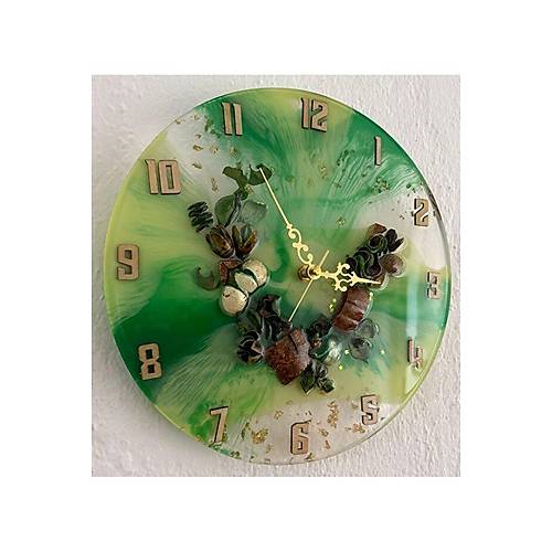 El Yapm Epoksi Duvar Saati | Kurutulmu Bitki Detayl | Yeil & Beyaz | 30 cm