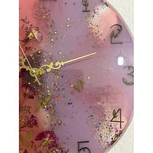 PELNCE - Pembe Mor Tomurcuk Gll Epoksi Duvar Saati (zel Tasarm - Tek retim) - 30 cm