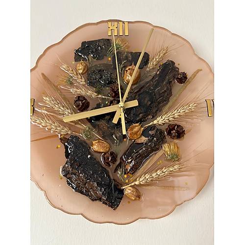 PELNCE - Gerek Aa Kabuklar ve Buday Baakl Epoksi Duvar Saati - 30 cm - Ak Kahverengi Renk