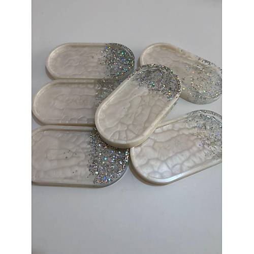 PELNCE - El Yapm 6'l Epoksi Sunumluk - nci Beyaz Gm Glitter & Varakl - Ebatlar: 17,5 x 9,5 cm