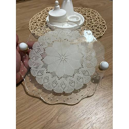 Epoksi Reine Dantelli Tepsi - Dantel Detayl effaf ncili - ap: 25 cm