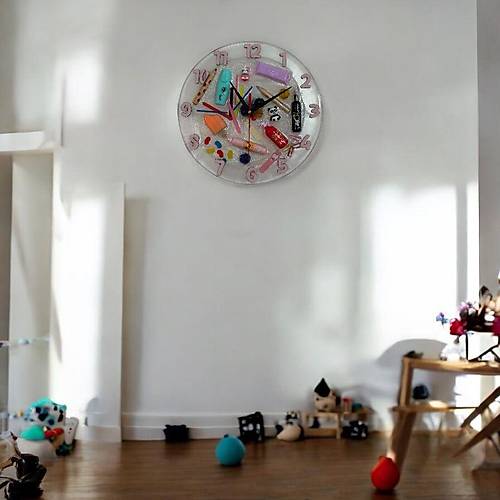 PELNCE KIDS  Elenceli Objelerle Tasarlanm Epoksi ocuk Duvar Saati  Pembe Renk Rakaml - 30 cm