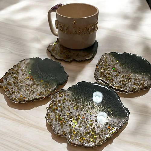 Epoksi Reine Bardak Altl - 4'l Takm - Koyu Yeil ve Altn Glitter - ap: 12 cm