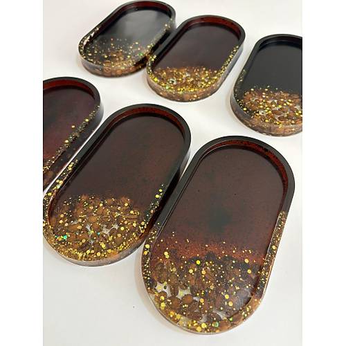 PELNCE - El Yapm 6'l Epoksi Sunumluk - Gerek Kahve ekirdekli & Gold Glitterli - Ebatlar: 17,5 x 9,5 cm