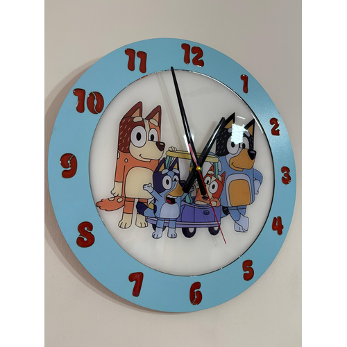 Bluey Bingo ve Ailesi Duvar Saati - Ahap Lazer Kesim Epoksi Tasarm - 40 cm - Pelince Kids