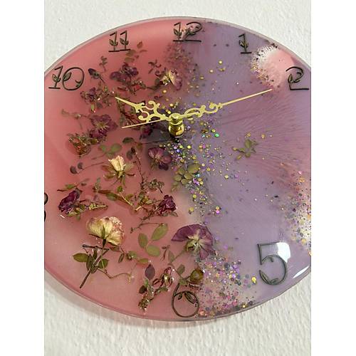 PELNCE - Pembe Mor Tomurcuk Gll Epoksi Duvar Saati (zel Tasarm - Tek retim) - 30 cm