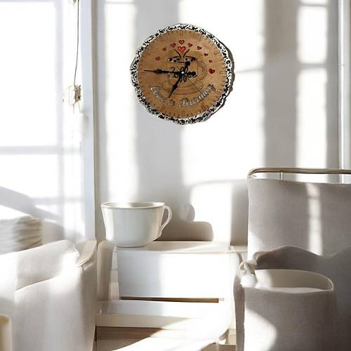 Ahap Duvar Saati - Coffee Love is Brewing - Epoksi Reine Kaplamal - 30 cm