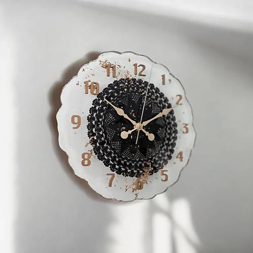 Epoksi Reine Duvar Saati - Siyah Dantel - 25 cm