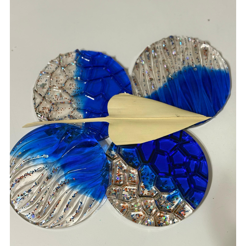 Epoksi Reine Bardak Altl - 4'l Takm - Koyu Mavi Glitter Geometrik - ap: 12 cm