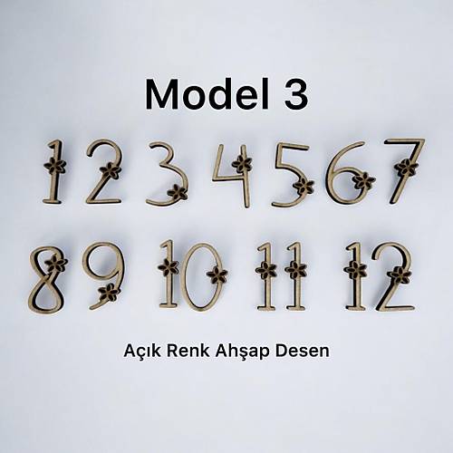 PELNCE - Ahap Kontraplak, Lazer Kesim, Duvar Saati Rakam Seti - iekli Model - Ykseklik 3 cm
