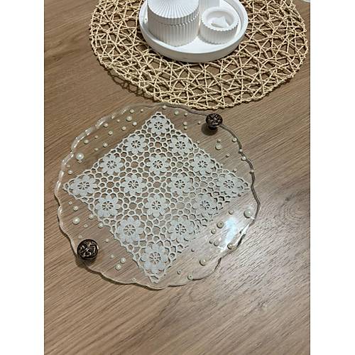 Epoksi Reine Dantelli Tepsi - Kare Dantel Detayl effaf ncili - ap: 25 cm