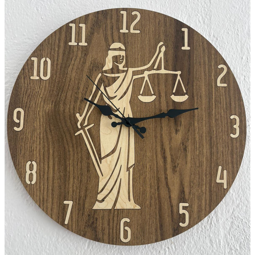 Justitia Adalet Terazisi Figrl - Koyu Ahap Duvar Avukat Saati (Kiiselletirilebilir) - 40 cm