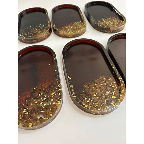 PELNCE - El Yapm 6'l Epoksi Sunumluk - Gerek Kahve ekirdekli & Gold Glitterli - Ebatlar: 17,5 x 9,5 cm