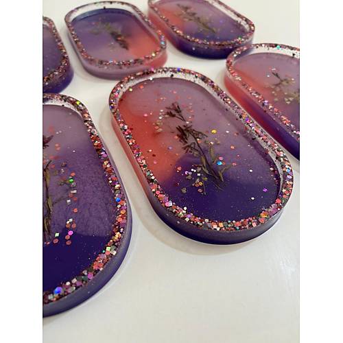 PELNCE - El Yapm 6'l Epoksi Sunumluk -  Renkli Kurutulmu iekli Glitterli  - Ebatlar: 17,5 x 9,5 cm