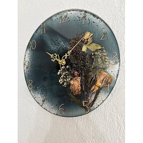 PELNCE - Kuru Gl ve Doal iekli - Siyah - Epoksi Duvar Saati (zel Tasarm - Tek retim) - 30 cm