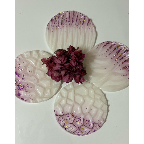 Epoksi Reine Bardak Altl - 4'l Takm - Beyaz Mor Glitter Geometrik - ap: 12 cm