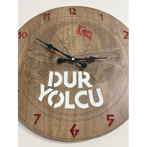 Ahap Desen Duvar Saati - Dur Yolcu, anakkale Geilmez - Epoksi Reine Kaplamal - 40 cm