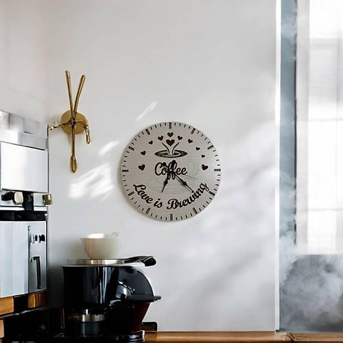 Ahap Desen Duvar Saati - Coffee, Love is Brewing - Epoksi Reine Kaplamal - 40 cm