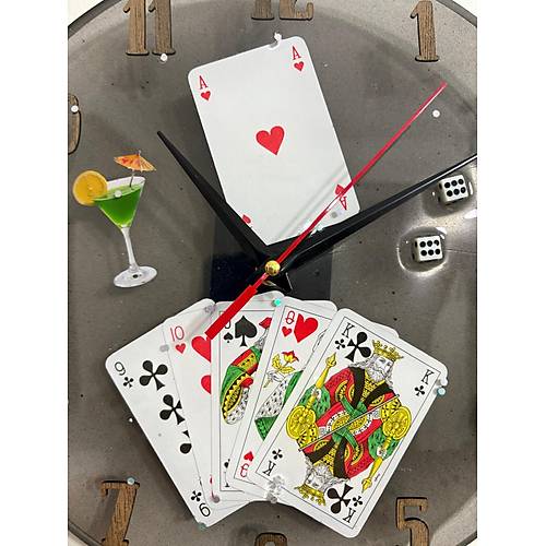 PELNCE - skambil Kad, Poker, Zar, Oyun Kartlar Temal Epoksi Duvar Saati - 30 cm - Siyah Renk