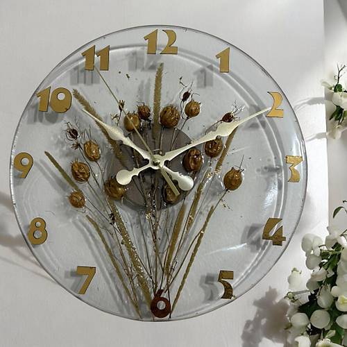 Pelince - Kurutulmu Tohumlu Bitkilerle Tasarlanm Epoksi Duvar Saati - 30 cm