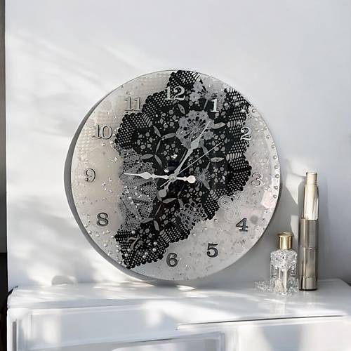 Epoksi Reine Duvar Saati - Dantelli Siyah  Byk Boy - ap: 40 cm