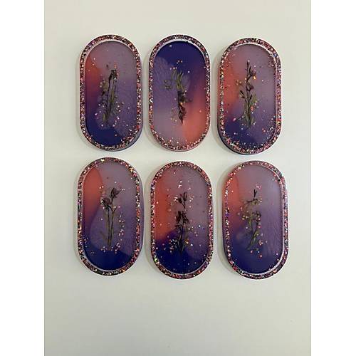PELNCE - El Yapm 6'l Epoksi Sunumluk -  Renkli Kurutulmu iekli Glitterli  - Ebatlar: 17,5 x 9,5 cm