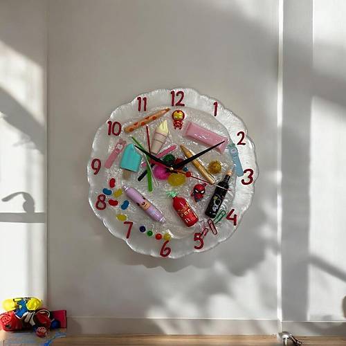 PELNCE KIDS - Rengarenk Temal Epoksi ocuk Odas Duvar Saati - 30 cm - Krmz Renk Rakaml