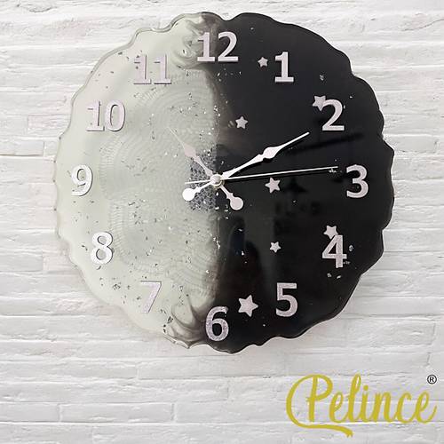 Epoksi Reine Duvar Saati - Yarm Dantel - Gece Gndz - ap: 33 cm