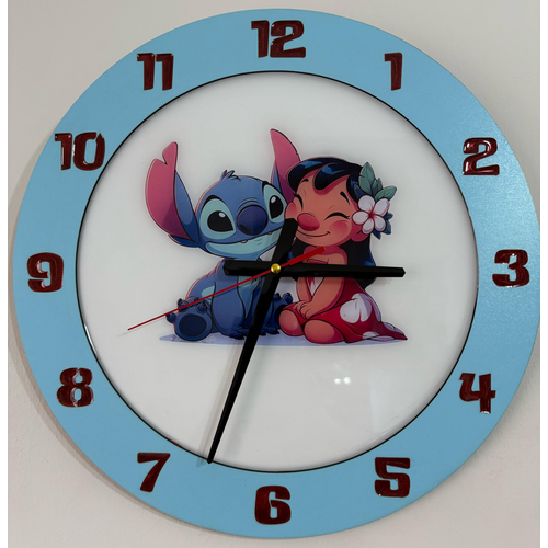 Lilo & Stitch Duvar Saati - Ahap Lazer Kesim Epoksi Tasarm - 40 cm - Pelince Kids