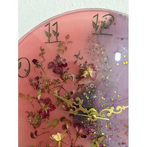 PELNCE - Pembe Mor Tomurcuk Gll Epoksi Duvar Saati (zel Tasarm - Tek retim) - 30 cm