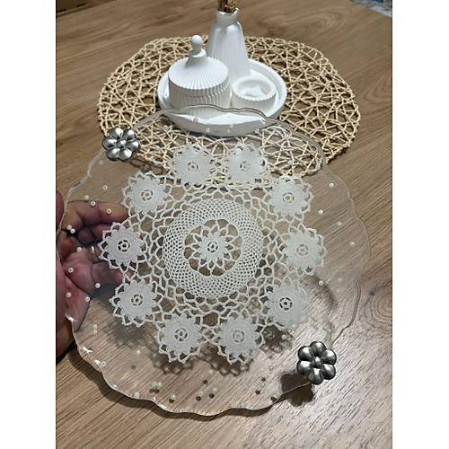 Epoksi Reine Dantelli Tepsi - iek Kulplu Dantel Detayl effaf ncili - ap: 25 cm