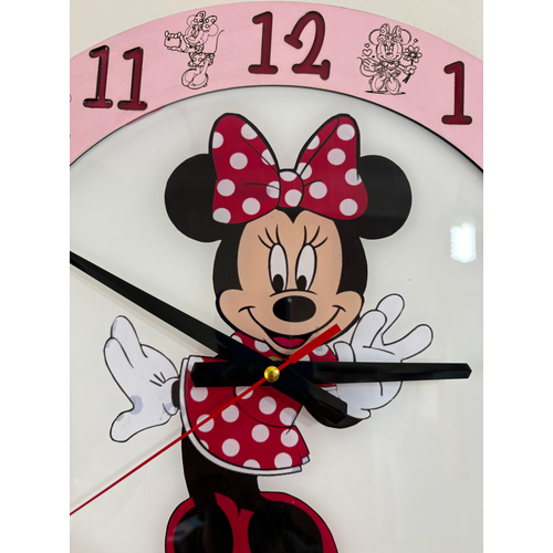 Minnie Mouse Duvar Saati - Ahap Lazer Kesim Epoksi Tasarm - 40 cm - Pelince Kids