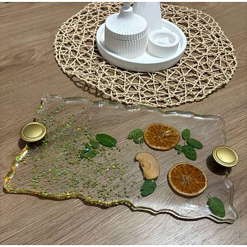 Portakal Narenciye & Elma Dilimli Dikdrtgen Epoksi Reine Tepsi - Glitter Detayl - 30 x 18 cm