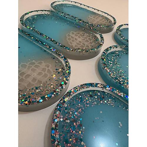 PELNCE - El Yapm 6'l Epoksi Sunumluk -  Renkli Kurutulmu iekli Glitterli  - Ebatlar: 17,5 x 9,5 cm