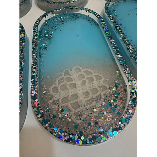 PELNCE - El Yapm 6'l Epoksi Sunumluk -  Renkli Kurutulmu iekli Glitterli  - Ebatlar: 17,5 x 9,5 cm