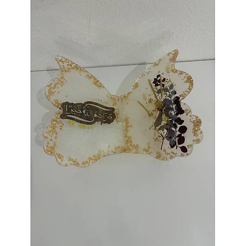 effaf Epoksi Altn Varakl Bitkili ve Yaz Motifli Kelebek Rahle (zel Tasarm - Tek retim) - 35x31 cm