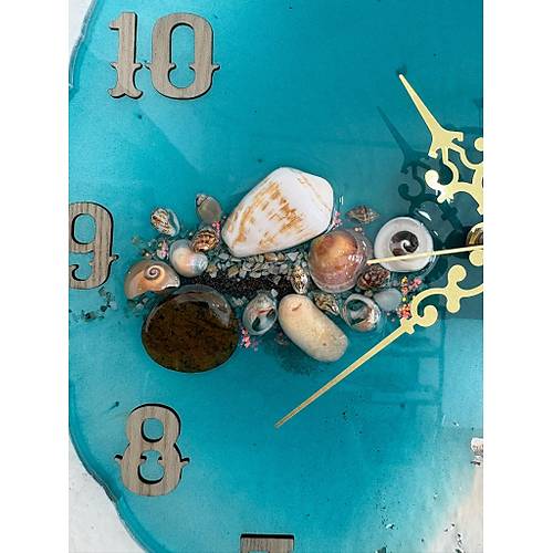PELNCE - Deniz Temal Epoksi Duvar Saati (Deniz Yldz, Kabuk & Talarla) - Turkuaz -30 cm