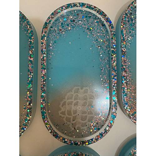 PELNCE - El Yapm 6'l Epoksi Sunumluk -  Renkli Kurutulmu iekli Glitterli  - Ebatlar: 17,5 x 9,5 cm