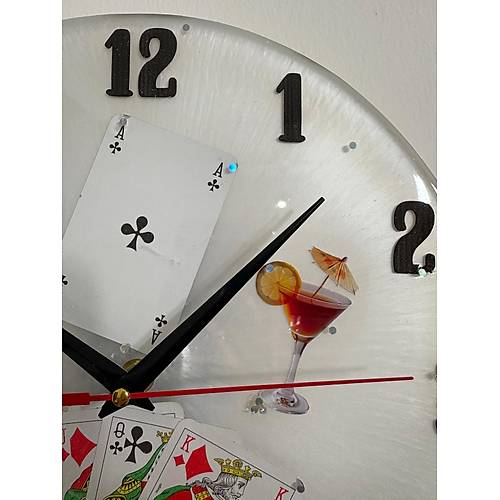 PELNCE - skambil Kad, Poker, Zar, Oyun Kartlar Temal Epoksi Duvar Saati - 30 cm - Beyaz Renk
