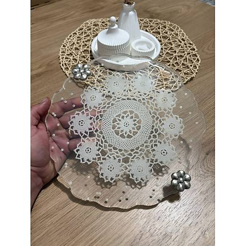 Epoksi Reine Dantelli Tepsi - iek Kulplu Dantel Detayl effaf ncili - ap: 25 cm
