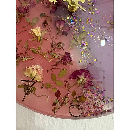 PELNCE - Pembe Mor Tomurcuk Gll Epoksi Duvar Saati (zel Tasarm - Tek retim) - 30 cm