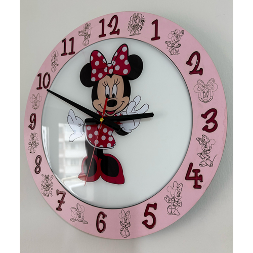 Minnie Mouse Duvar Saati - Ahap Lazer Kesim Epoksi Tasarm - 40 cm - Pelince Kids