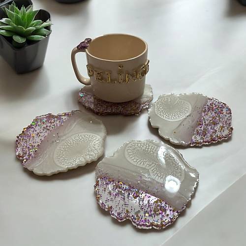 Epoksi Reine Bardak Altl - 4'l Takm - Beyaz ve Kark Glitter ap 12 cm